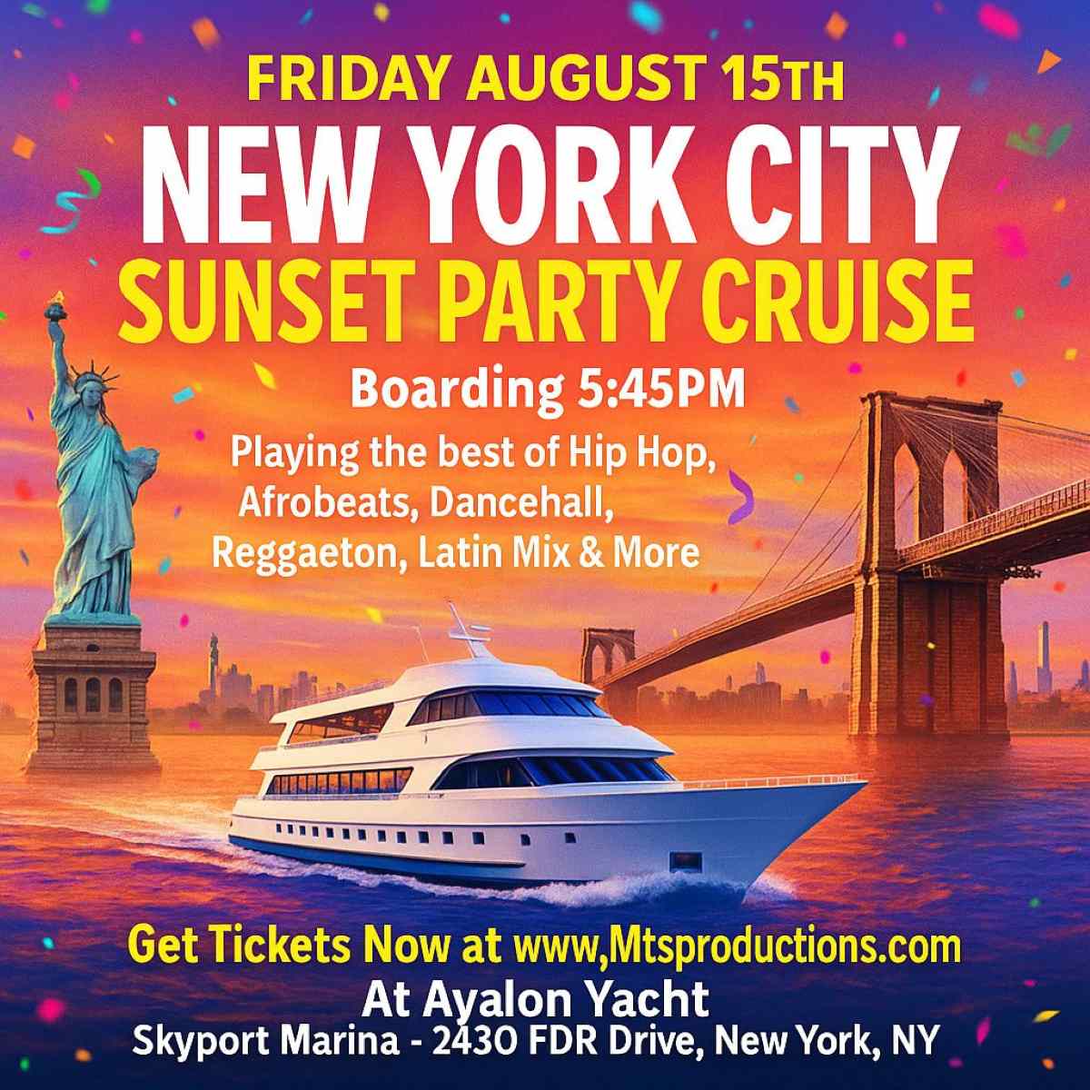 New York City Sunset Party Cruise – Friday, August 15th | Avalon Yacht